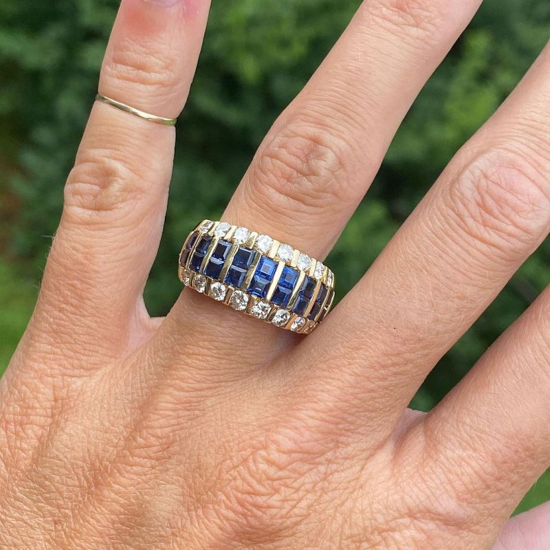 Golden Asscher & Round Cut Blue & White Sapphire Wedding Band For Women Belovegrace