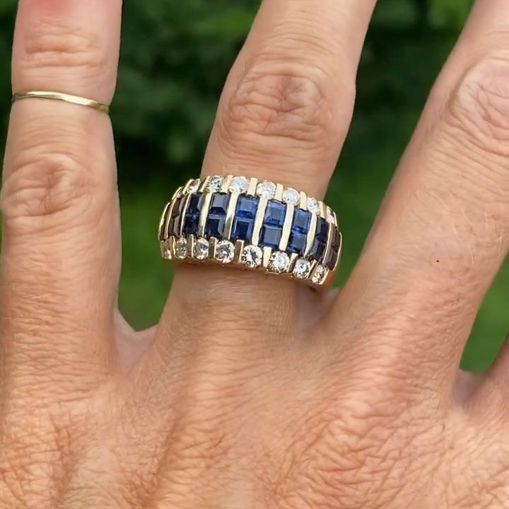Golden Asscher & Round Cut Blue & White Sapphire Wedding Band For Women Belovegrace