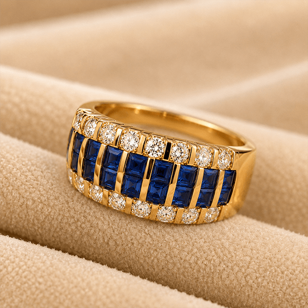Luxury Wide Golden Blue Sapphire Asscher Cut Wedding Band Ring