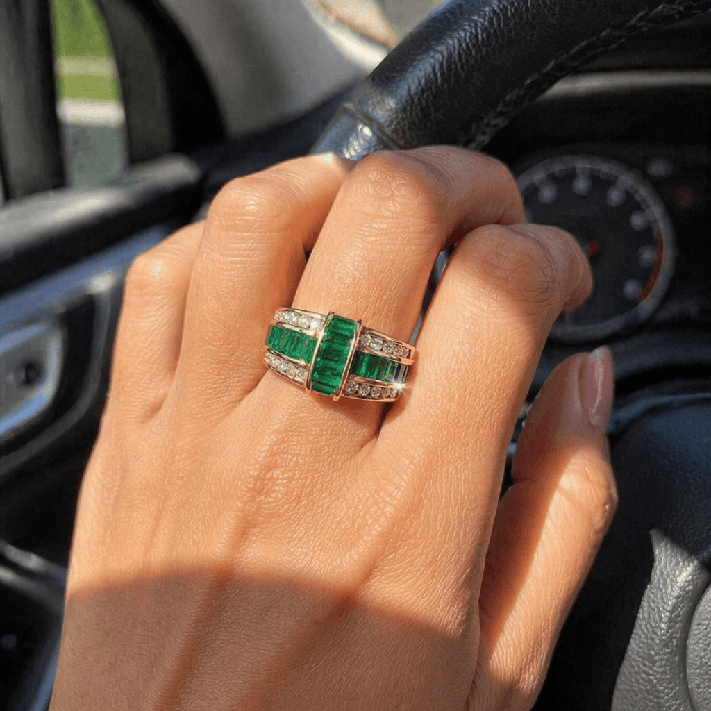 Art Deco Yellow Gold Baguette Cut Emerald Sapphire Half Eternity Wedding Band For Women