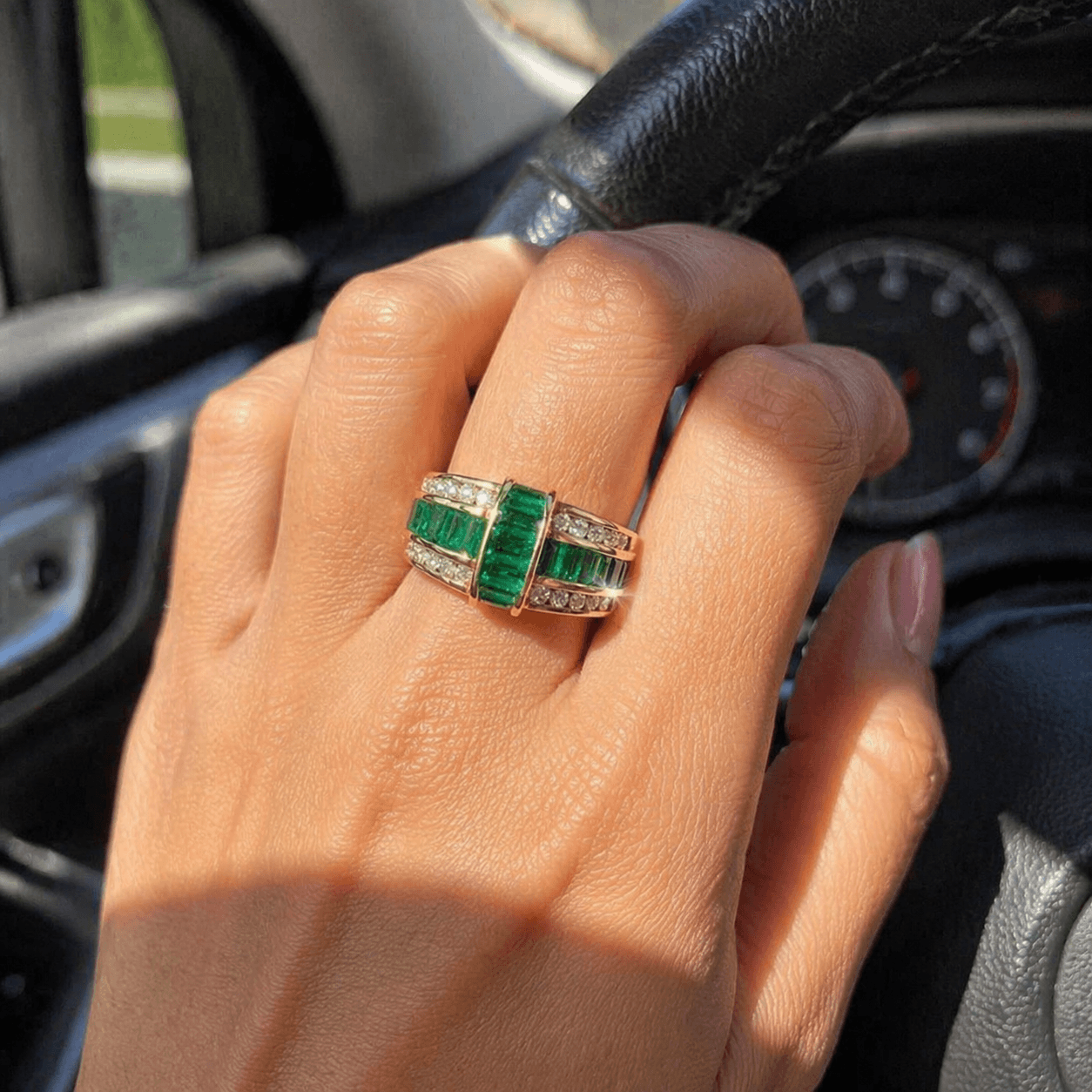 Art Deco Yellow Gold Baguette Cut Emerald Sapphire Half Eternity Wedding Band For Women