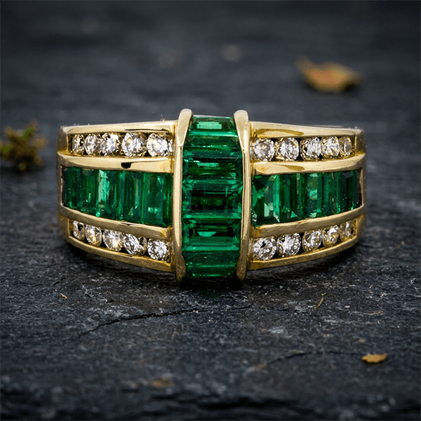 Vintage Multi-Row Emerald Cut Emerald Green Sapphire Band Ring For Women