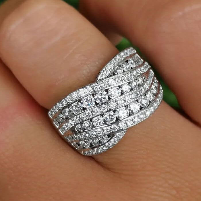 Criss-Cross Layered Multi Row Round Cut Wide Wedding Band Ring