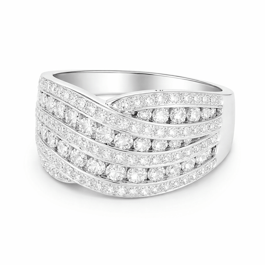 Criss-Cross Layered Multi Row Round Cut Wide Wedding Band Ring
