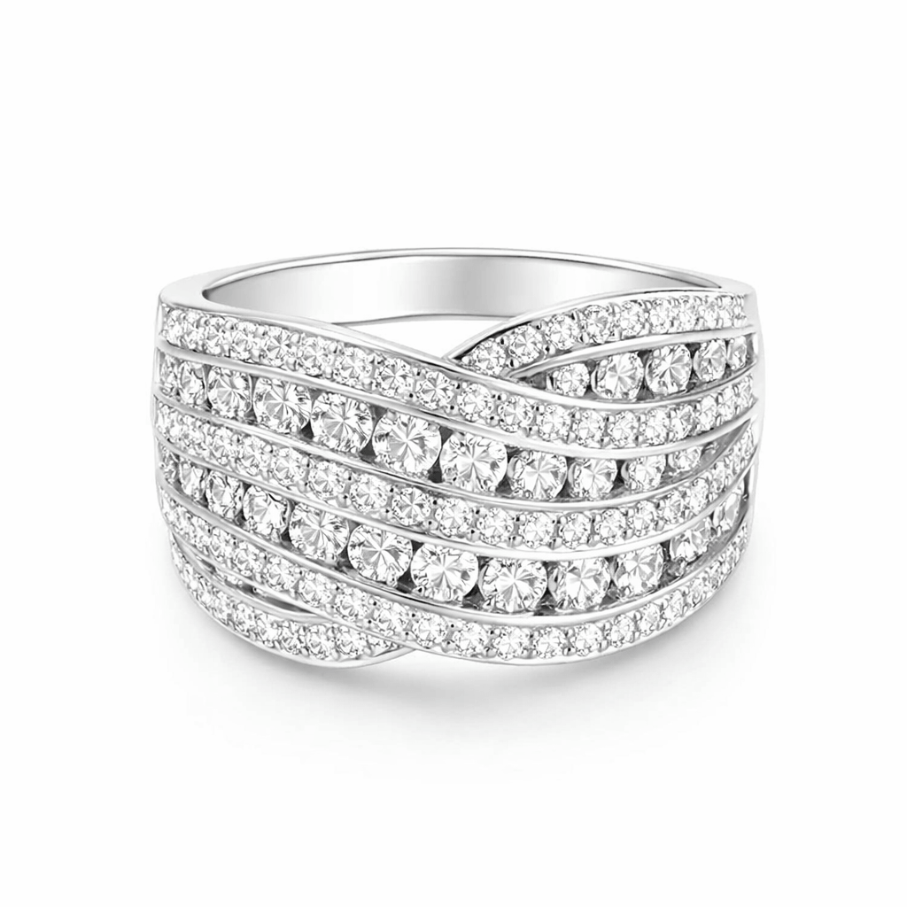 Criss-Cross Layered Multi Row Round Cut Wide Wedding Band Ring