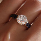 Golden Round Cut White & Blue Sapphire Engagement Ring For Women Belovegrace