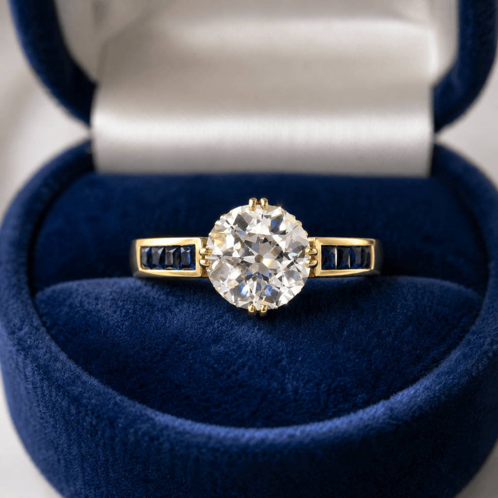 Luxury Jewelry Yellow Gold Round Cut White & Blue Sapphire Engagement Ring