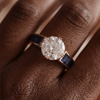 Double Prong White & Blue Sapphire Round & Baguette Cut Engagement Ring