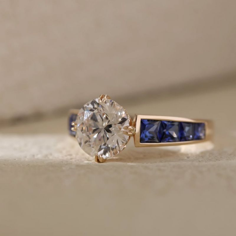 Golden Round Cut White & Blue Sapphire Engagement Ring For Women Belovegrace