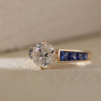 Golden Round Cut White & Blue Sapphire Engagement Ring For Women Belovegrace
