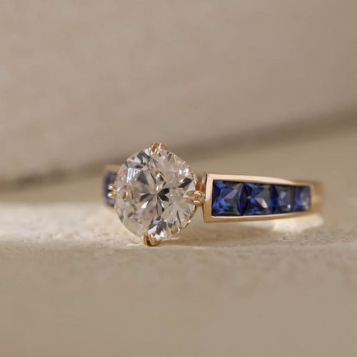 Golden Round Cut White & Blue Sapphire Engagement Ring For Women Belovegrace
