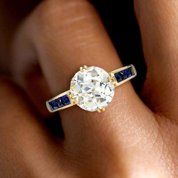 Golden Round Cut White & Blue Sapphire Engagement Ring For Women Belovegrace