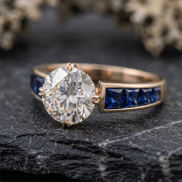 Double Prong White & Blue Sapphire Round & Baguette Cut Engagement Ring