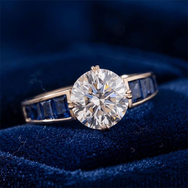 Double Prong White & Blue Sapphire Round & Baguette Cut Engagement Ring