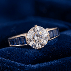 Double Prong White & Blue Sapphire Round & Baguette Cut Engagement Ring