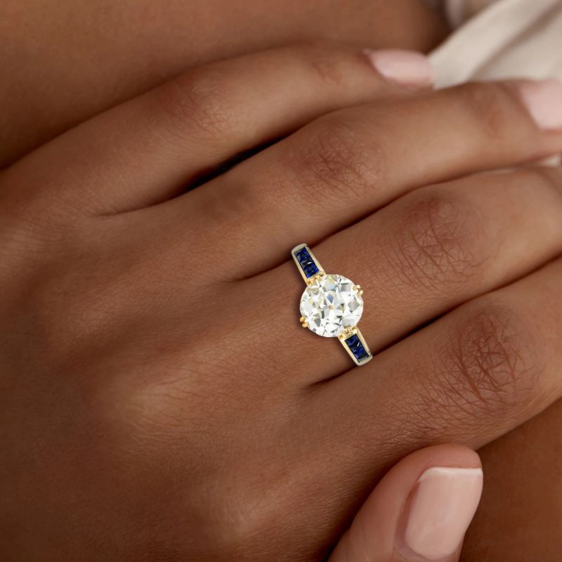 Golden Round Cut White & Blue Sapphire Engagement Ring For Women Belovegrace