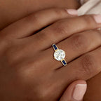 Golden Round Cut White & Blue Sapphire Engagement Ring For Women Belovegrace