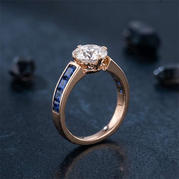 Double Prong White & Blue Sapphire Round & Baguette Cut Engagement Ring