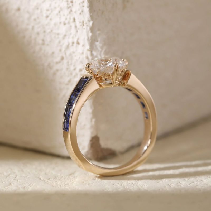 Golden Round Cut White & Blue Sapphire Engagement Ring For Women Belovegrace