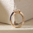 Golden Round Cut White & Blue Sapphire Engagement Ring For Women Belovegrace