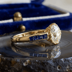 Double Prong White & Blue Sapphire Round & Baguette Cut Engagement Ring