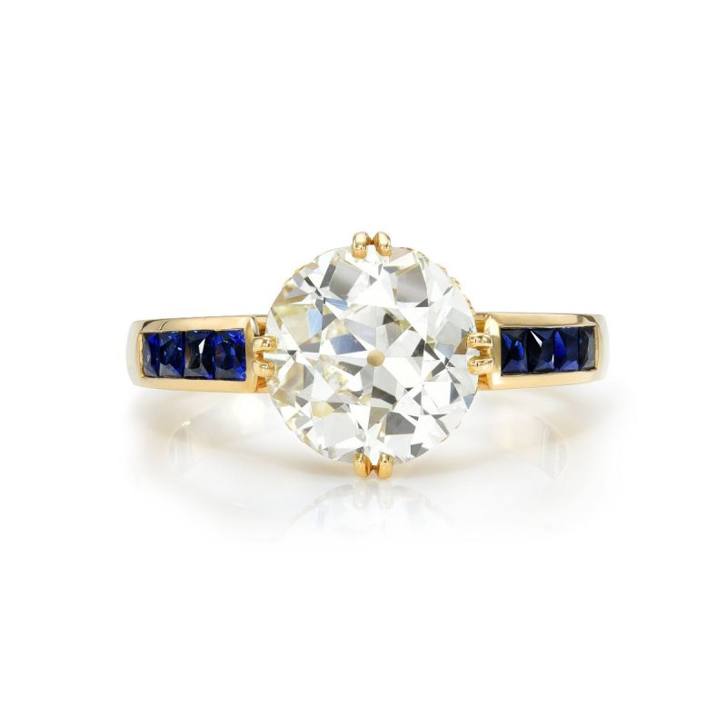 Golden Round Cut White & Blue Sapphire Engagement Ring For Women Belovegrace