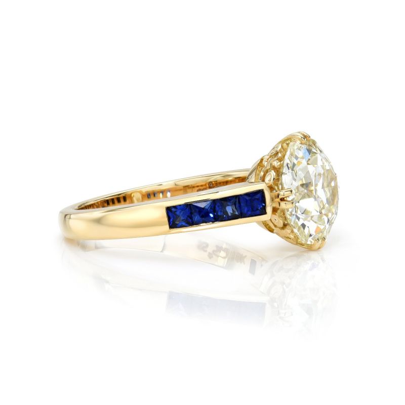 Golden Round Cut White & Blue Sapphire Engagement Ring For Women Belovegrace