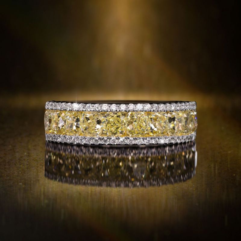 Half Eternity Two Tone Radiant Cut Yellow Sapphire Wedding Band For Women Belovegrace