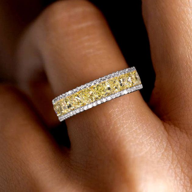 Half Eternity Two Tone Radiant Cut Yellow Sapphire Wedding Band For Women Belovegrace