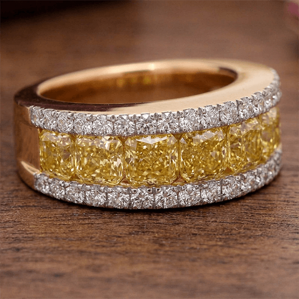 Golden Triple Row Radiant Cut Canary Sapphire Wedding Band Ring