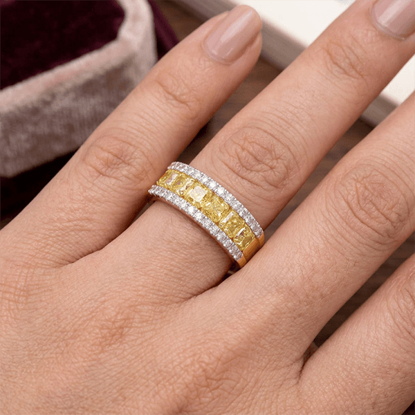 Luxury Jewelry Yellow Gold Radiant Cut Canary Sapphire Half Eternity Wedding Band For Women