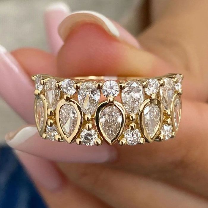 Half Eternity Gold Bezel Pear Cut White Sapphire Wedding Band For Women Belovegrace
