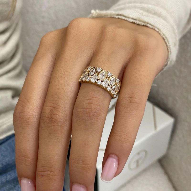 Half Eternity Gold Bezel Pear Cut White Sapphire Wedding Band For Women Belovegrace
