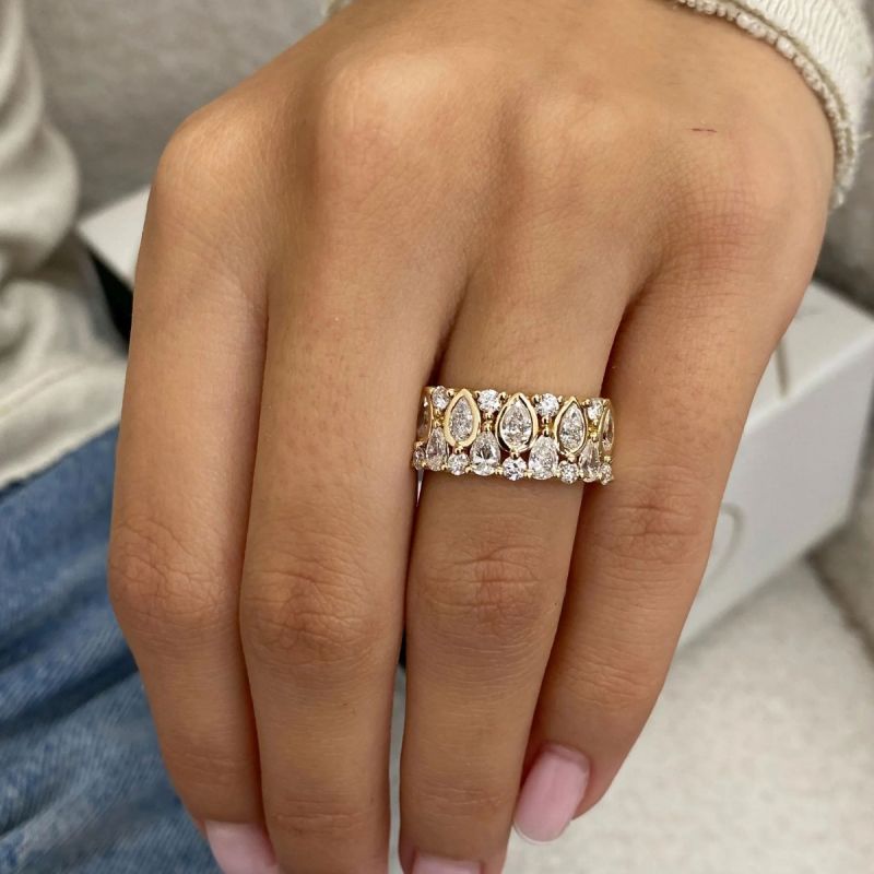 Half Eternity Gold Bezel Pear Cut White Sapphire Wedding Band For Women Belovegrace
