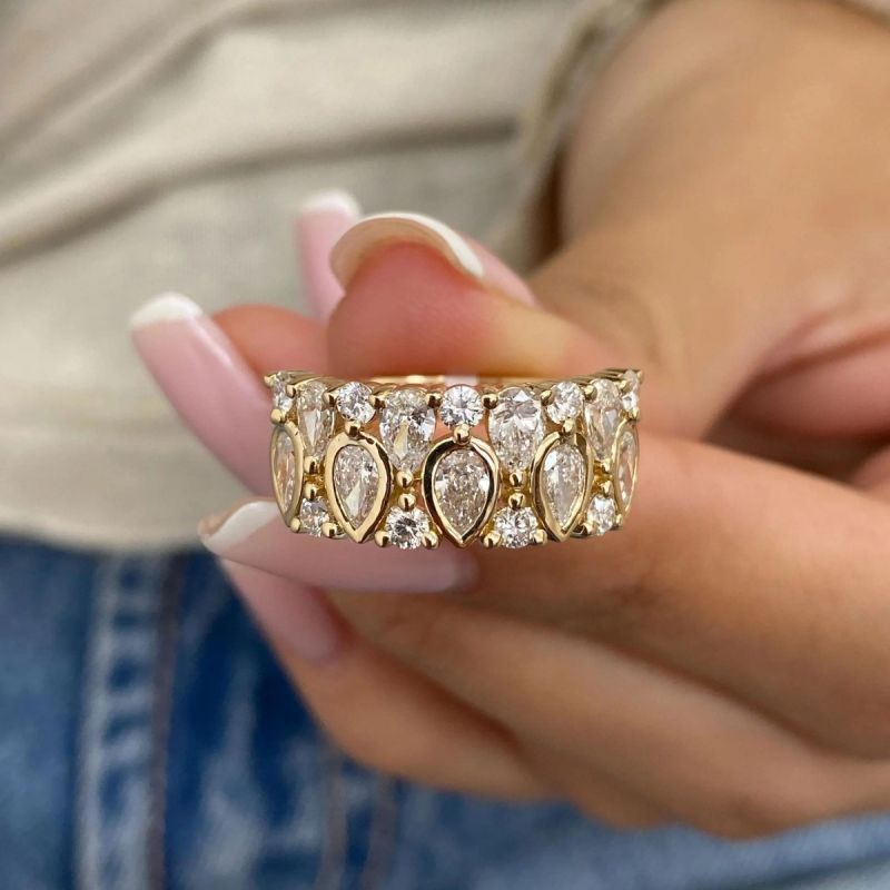 Half Eternity Gold Bezel Pear Cut White Sapphire Wedding Band For Women Belovegrace