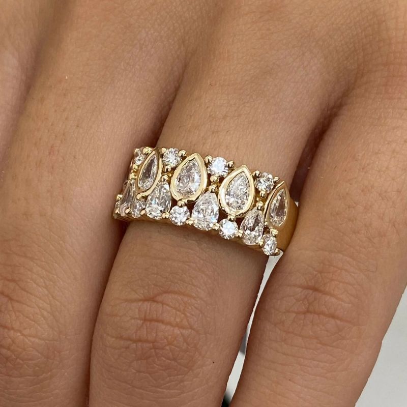 Half Eternity Gold Bezel Pear Cut White Sapphire Wedding Band For Women Belovegrace