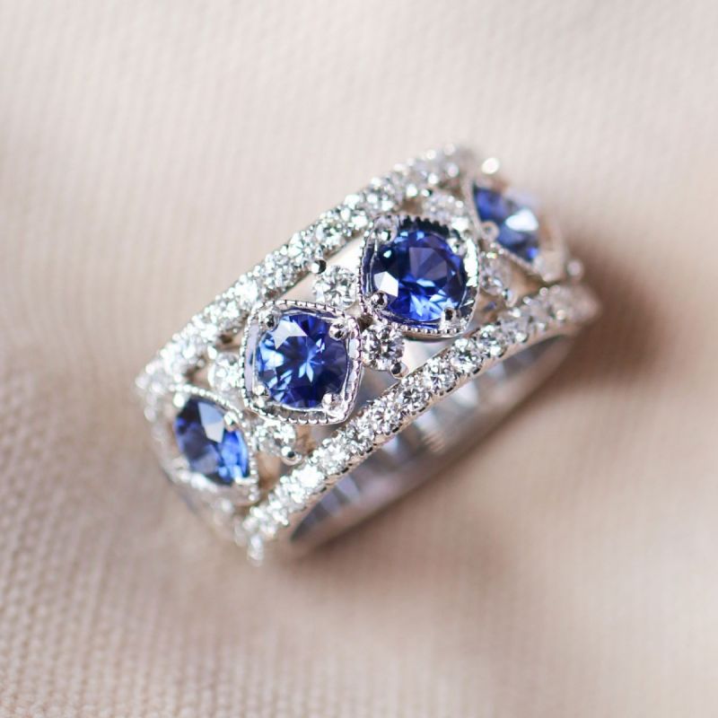 Milgrain Round Cut Blue Sapphire Wedding Band For Women Belovegrace