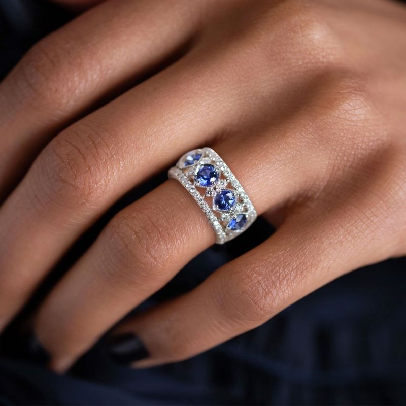 Milgrain Round Cut Blue Sapphire Wedding Band For Women Belovegrace