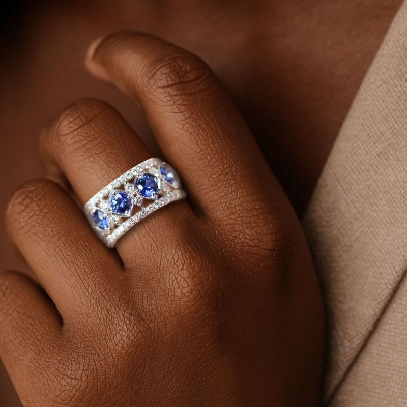 Milgrain Round Cut Blue Sapphire Wedding Band For Women Belovegrace