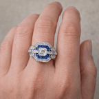 Milgrain Double Halo Asscher Cut White & Blue Sapphire Engagement Ring