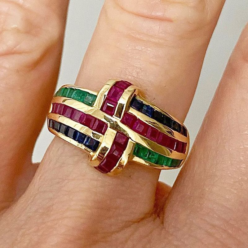 Golden Antique Ruby & Blue & Emerald Sapphire Asscher Cut Wedding Band For Women Belovegrace