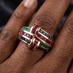 Golden Antique Ruby & Blue & Emerald Sapphire Asscher Cut Engagement Ring