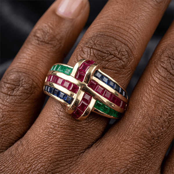 Golden Antique Ruby & Blue & Emerald Sapphire Asscher Cut Engagement Ring