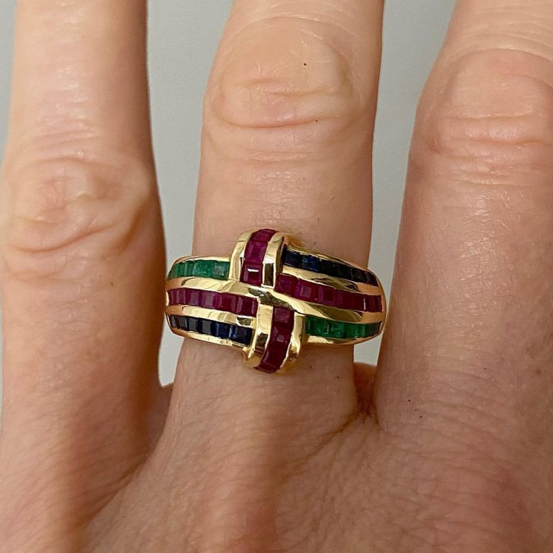 Golden Antique Ruby & Blue & Emerald Sapphire Asscher Cut Wedding Band For Women Belovegrace