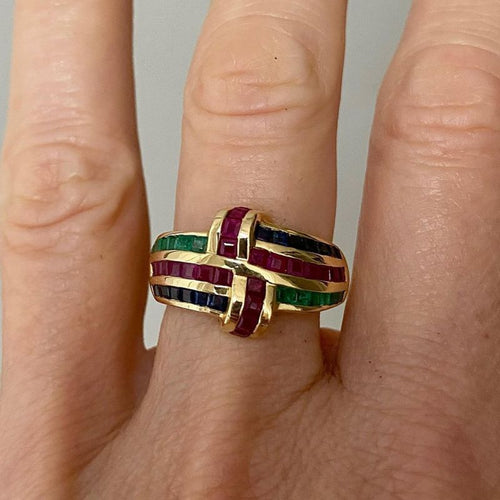 Golden Antique Ruby & Blue & Emerald Sapphire Asscher Cut Wedding Band For Women Belovegrace