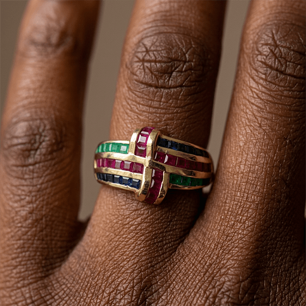 Golden Antique Ruby & Blue & Emerald Sapphire Asscher Cut Engagement Ring