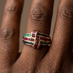 Golden Antique Ruby & Blue & Emerald Sapphire Asscher Cut Engagement Ring