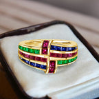 Golden Antique Ruby & Blue & Emerald Sapphire Asscher Cut Wedding Band For Women Belovegrace
