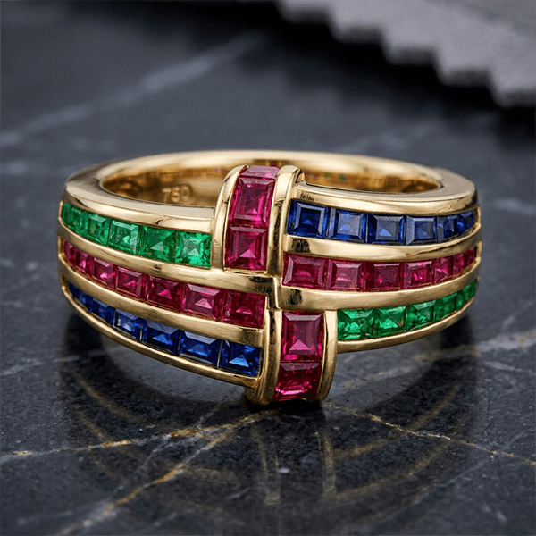 Golden Antique Ruby & Blue & Emerald Sapphire Asscher Cut Engagement Ring
