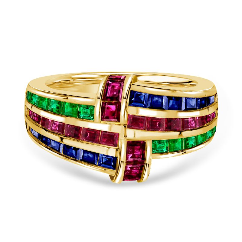 Golden Antique Ruby & Blue & Emerald Sapphire Asscher Cut Wedding Band For Women Belovegrace